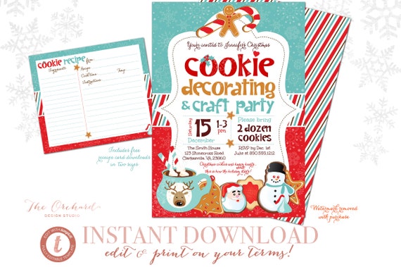 Holiday Cookie and Craft Party Invitation // INSTANT EDITABLE TEMPALTE // Cookie Decorating Party Christmas Cocoa Red Cookie Exchange Art Il_570xn