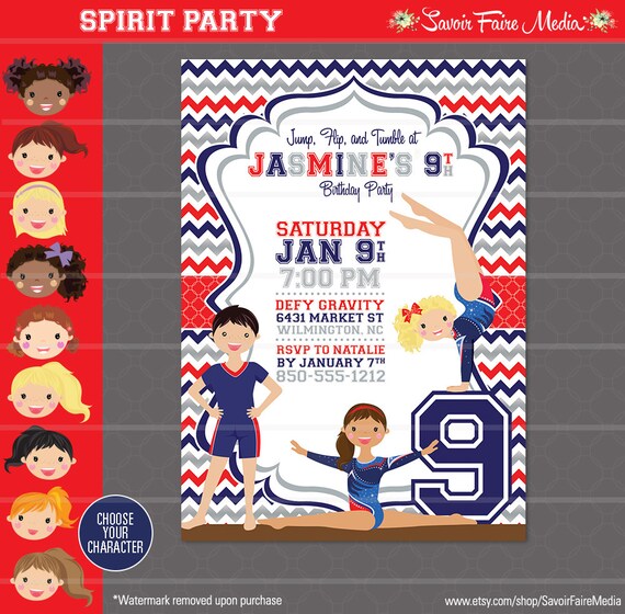 Gymnastics Invitation - Gymnastics Tumble Birthday Party Red White Blue printable - Team Gymnastics - Unisex Birthday Invitation - Sports Il_570xn