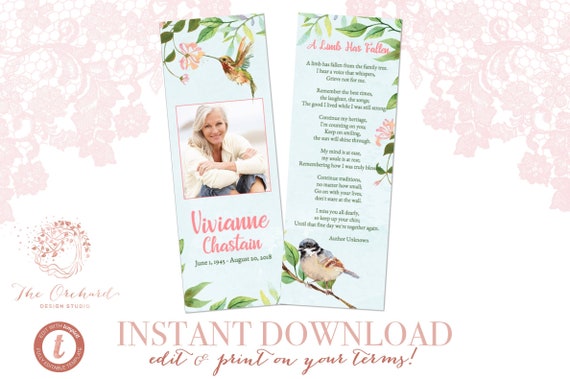 Funeral Bookmark INSTANT DOWNLOAD / Printable Watercolor Memorial Keepsake / Bird Hummingbird Flowers Female Woman Bookmark Templett Womens Il_570xn