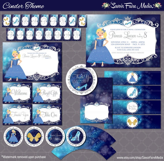 Cinderella Inspired Invitation Bundle - Princess Birthday Party - Girls Cinderella inspired printable - Blue Princess Girl Birthday Il_570xn