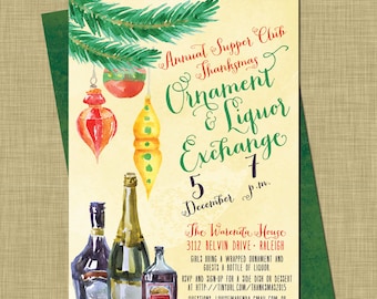 Holiday Liquor Exchange Invitation // Christmas Ornament Exchange Party // Modern Holiday Swap // White Envelope // Booze Gifts Ornaments