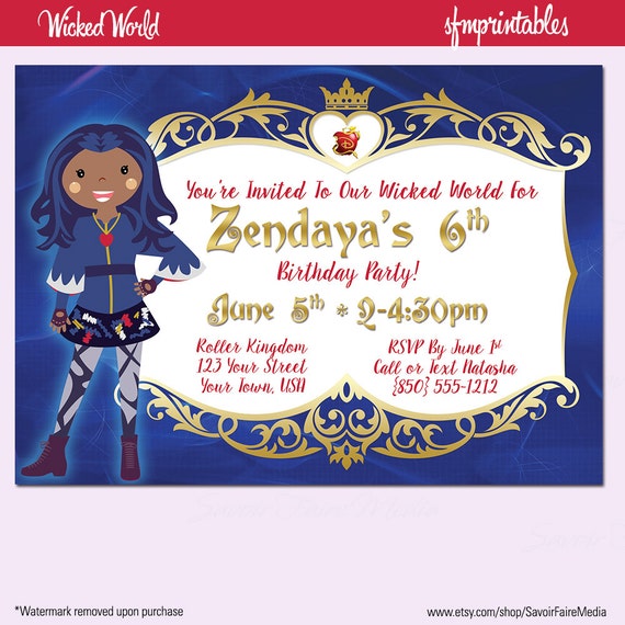 Descendants Inspired Birthday Invitation - Wicked World - Evie Mal - Purple and Blue - African American Custom Character Party Flyer Il_570xn