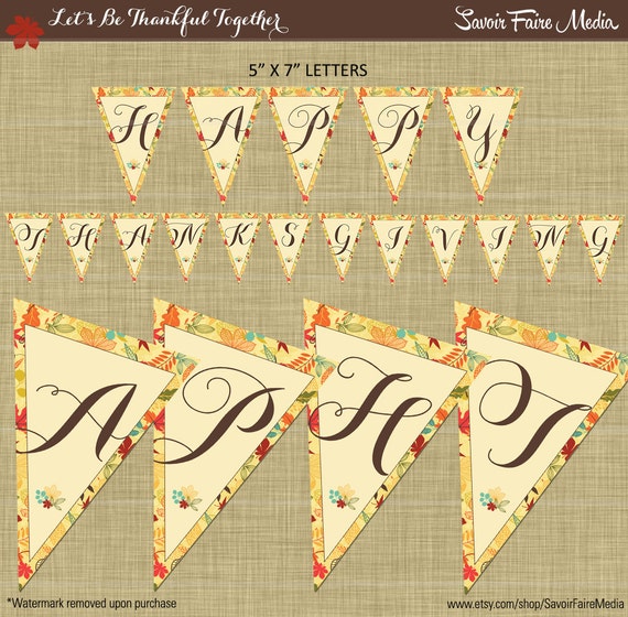 Happy Thanksgiving Pennant Banner - Fall Shower Autumn Shower or Dinner Party Dessert Printables - Modern, Floral Thanksgiving Banner Il_570xn