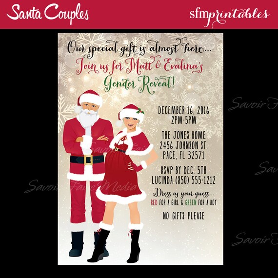 Holiday Christmas Gender Reveal Invitations - Snowflake Santa Mrs. Claus Pregnancy Couples Coed Shower Gold Blue Il_570xn