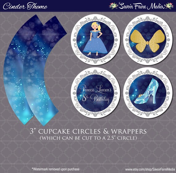 Cinderella Inspired Cupcake Circles and Wrappers - Princess Birthday Party - Girls Cinderella INSTANT DOWNLOAD - Blue Princess Girl Birthday Il_570xn