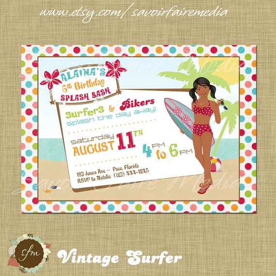Vintage Surfer Girl Beach Pool Party Invitation Pink Bathing Suit Teen Beach Movie Inspired African American Il_570xn