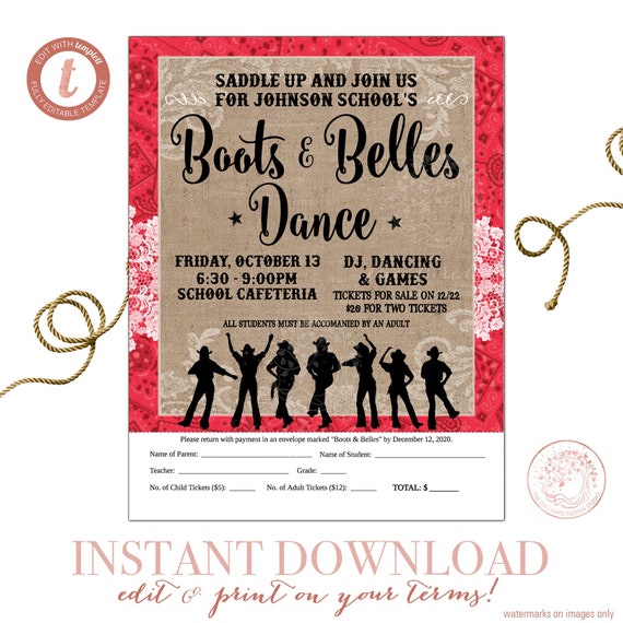 Editable Country Western Dance Flyer Tear Off - School Community Fundraiser - Daddy Daughter Dance - Invitation Boots and Belles Il_570xn