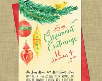 Christmas Ornament Exchange Invitation // Christmas White Elephant Party // Modern Holiday Swap // White Envelope // Bright Gifts Ornaments