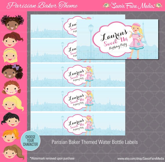 Paris Bakery Themed Party Water Bottle Labels - French Birthday Party - Girls baking printable Parisian Bakery Theme Cupcake Decorating Cake Il_570xn