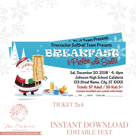 Breakfast with Santa Event Ticket / Holiday Photos with Santa / Template Church School Community Christmas Holiday Event Ticket Il_570xn