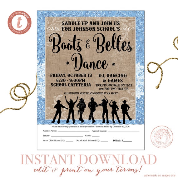 Editable Country Western Dance Flyer Tear Off - School Community Fundraiser - Daddy Daughter Dance - Invitation Boots and Belles Il_570xn