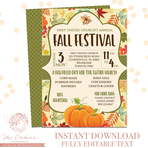 Fall Festival Invitation INSTANT DOWNLOAD Invitation / Pumpkin Patch Farm Template Church School Community Hayride / Fundraiser Autumn Il_570xn