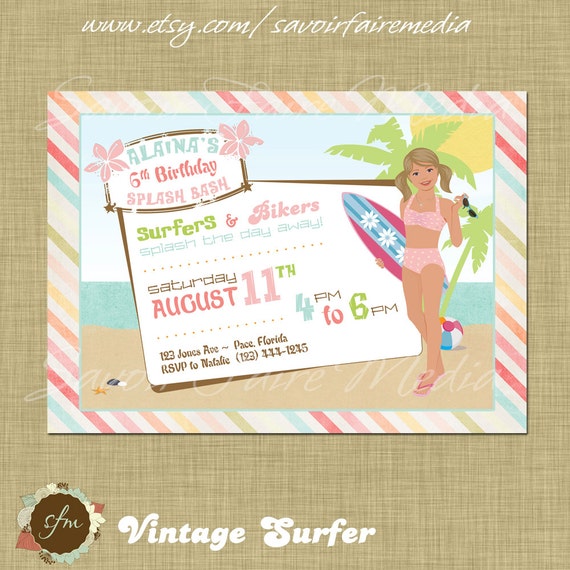 Vintage Surfer Girl Beach Pool Party Invitation Pink Bathing Suit Teen Beach Movie Inspired Blonde Il_570xn