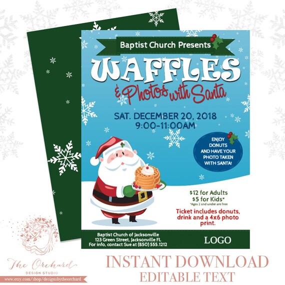 Waffles with Santa Flyer / INSTANT DOWNLOAD Photos with Santa Clause Template Church School Christmas Holiday Templett Invitation Il_570xn