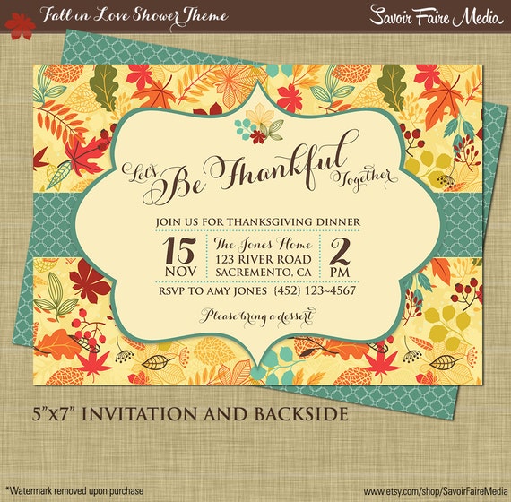 Modern Thanksgiving Dinner Party Invitation - Fall Autumn Dinner Party Printables - Be Thankful - Modern Floral Bright Elegant Invitation Il_570xn
