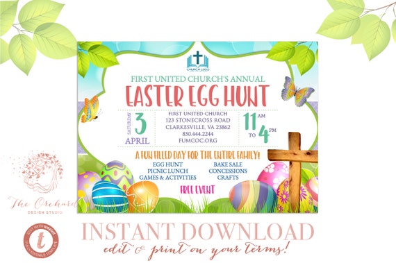 Easter Egg Hunt Invitation Flyer Poster / INSTANT DOWNLOAD / Template Church School Community Goods Sale Flyer / Picnic Spring Easter Bunny Il_570xn