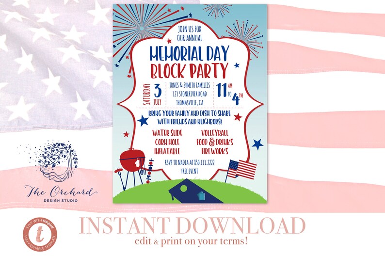 Memorial Day Flyer Invitation BBQ Family Picnic Block Party / Etsy