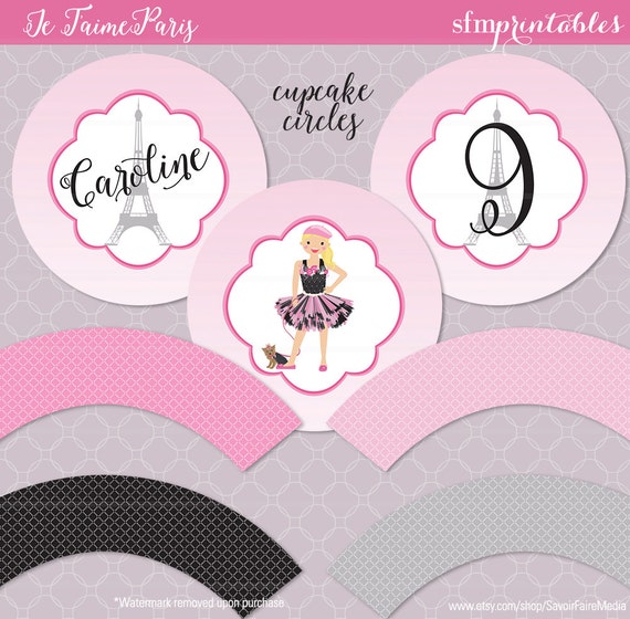 Paris Party Cupcake Circles and Wrappers - Birthday Parisian Invitation Theme Party Eiffel Tower Pink Character Il_570xn