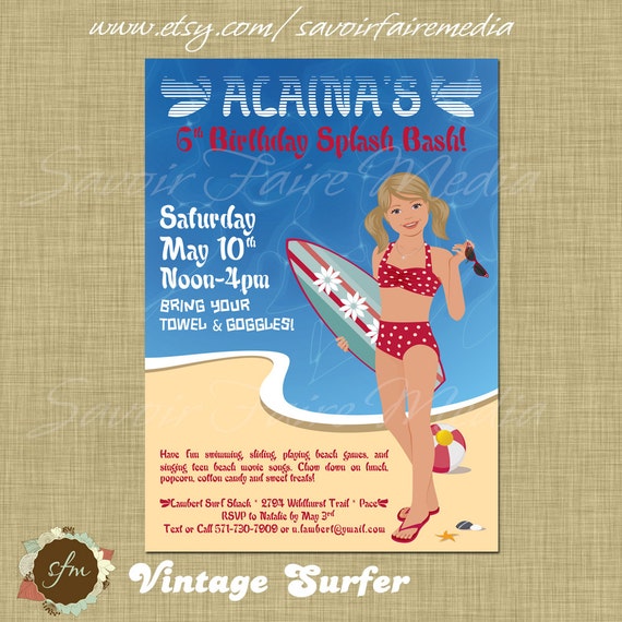 Surfer Girl Retro Pool Party Invitation Red Bathing Suit Teen Beach Movie Inspired Il_570xn