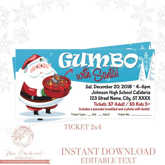 Gumbo with Santa Event Ticket / Holiday Photos with Santa / Template Church School Community Christmas Holiday Event Ticket Crawfish Boil Il_570xn