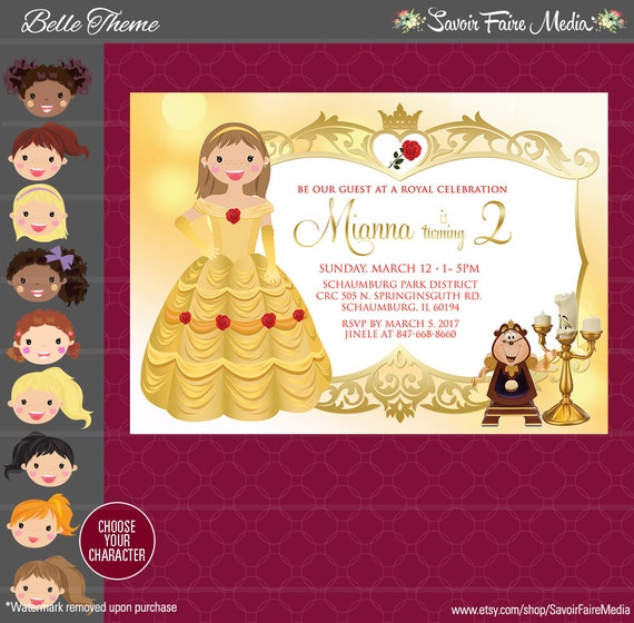 Belle Invitation Inspired - Princess Birthday Party - Girls Beauty and the Beast inspired printable - Gold Rose Princess Girl Birthday Il_570xn