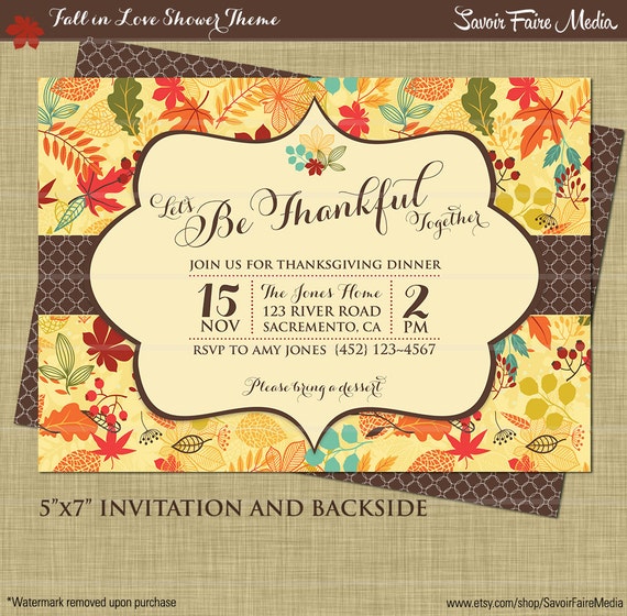 Thanksgiving Invitation - Fall Autumn Dinner Party Printables - Be Thankful - Modern Floral Bright Elegant Invitation - Brown Il_570xn