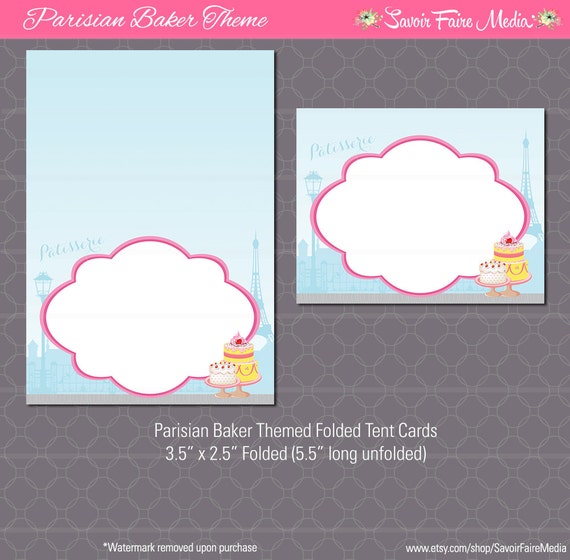 Paris Bakery Themed Party Folded Tent Cards - French Birthday Party - Girls baking printable - Parisian Theme Il_570xn