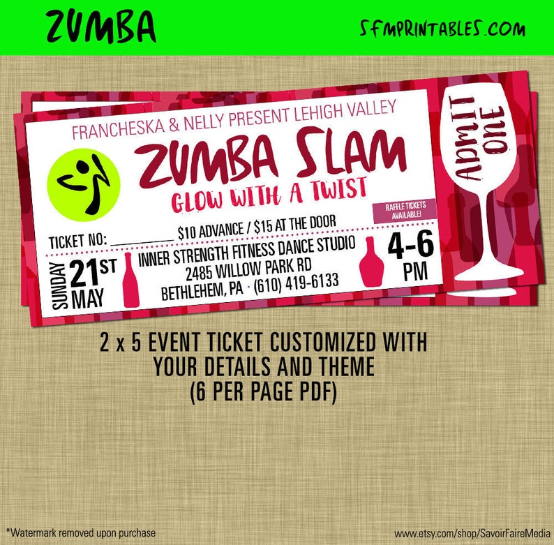 Custom Zumba Slam Tickets Zumba Fitness Event Glow Etsy