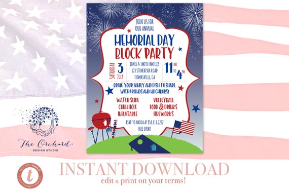 memorial day flyer invitation bbq family picnic block party patriotic flyer