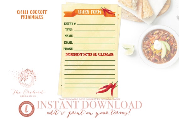 Chili Cook-off Entry Form Sign Up / INSTANT EDITABLE DOWNLOAD / Chili Cookoff Fall Chalkboard Template Church School Community Fundraiser Il_570xn