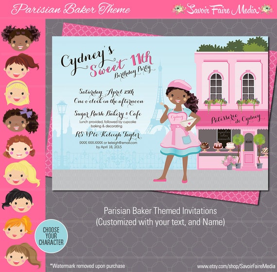 Paris Themed Baking Invitation - Birthday Parisian Themed Cupcakes Decorating - Paris Eiffel Tower Pink Character Il_570xn