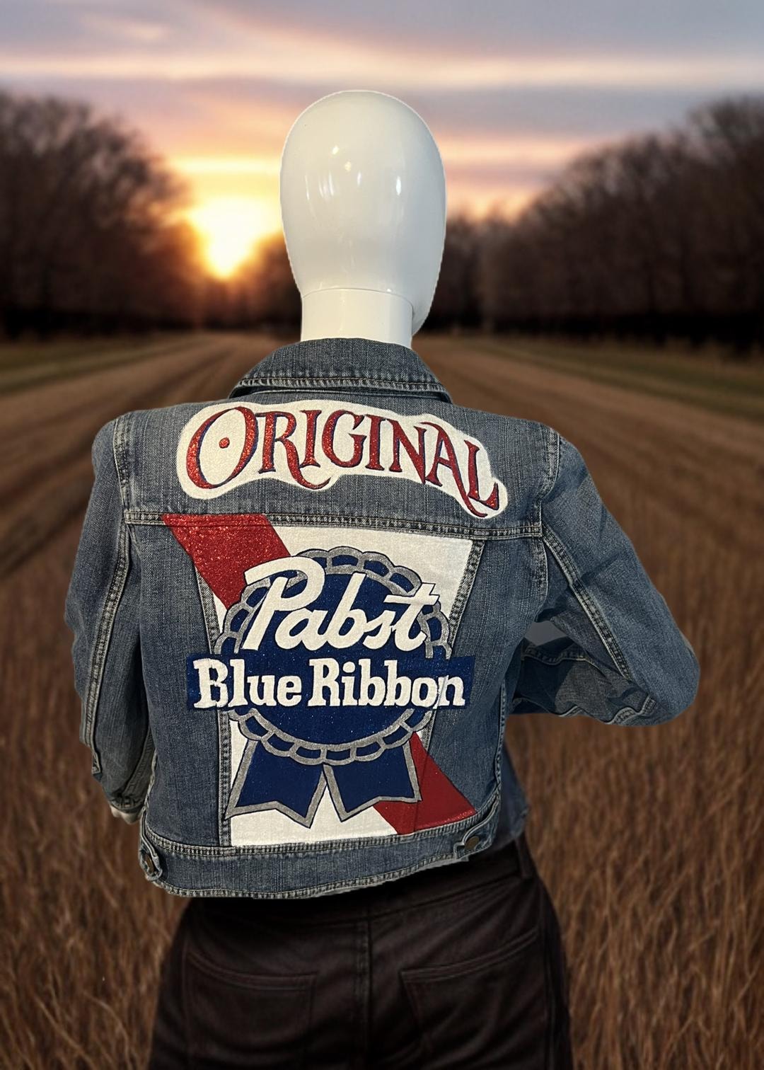 Pabst Blue Ribbon Hand-painted Denim Jacket - Sparkling PBR Denim