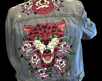 Hand-painted Cheetah Denim Jacket – Upcycled Tattoo Style, Glitter