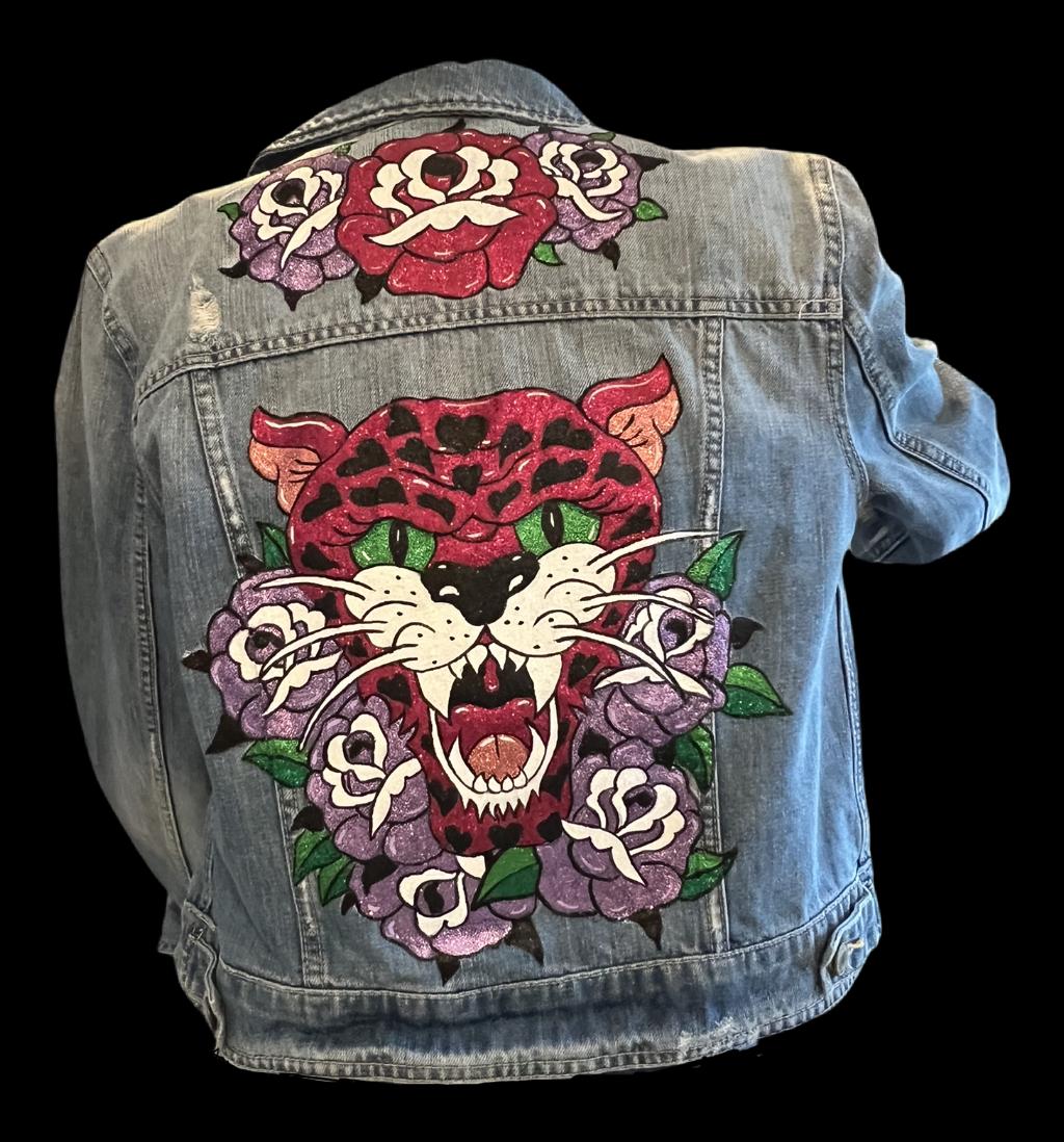 Hand-painted Cheetah Denim Jacket – Upcycled Tattoo Style, Glitter