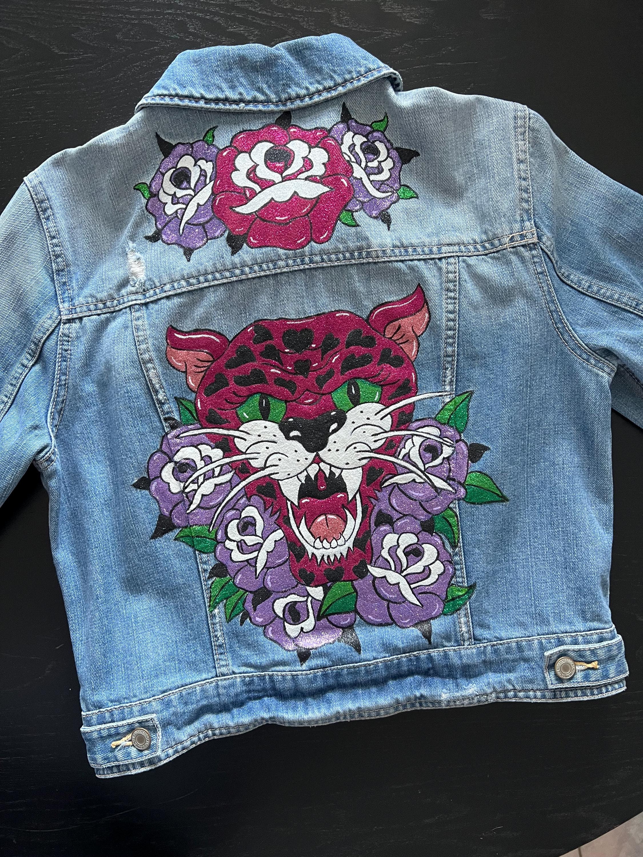 Hand-painted Cheetah Denim Jacket – Upcycled Tattoo Style, Glitter