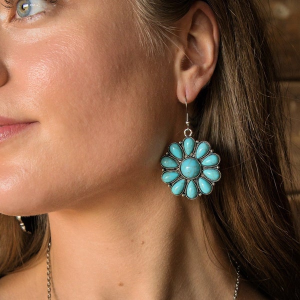 Punchy Turquoise Earrings-Western Floral Earrings-Turquoise Statement Earrings-Cowgirl Gifts-Stocking Stuffers-Squash Blossom Navajo Style