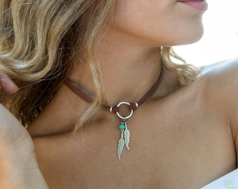 Boho Faux Leather Choker: Feather Charms & Turquoise Bead | Cowgirl Necklace