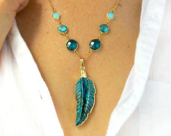 Turquoise Jewelry Necklace-Boho Necklace Long-Turquoise Feather Necklace-Long Bohemian Necklace-Boho Jewelry-Long Gemstone Necklace-Mom Gift