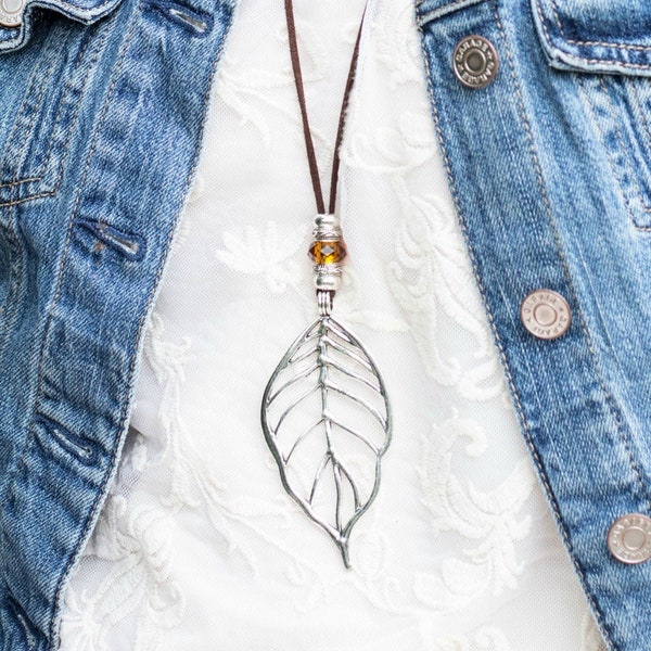 Bohemian Style Long Necklace-Silver Nature Pendant-Fall Necklace-Nature Lover Gift-Autumn Cottage Core-Forest Core Jewelry-Woodland Necklace