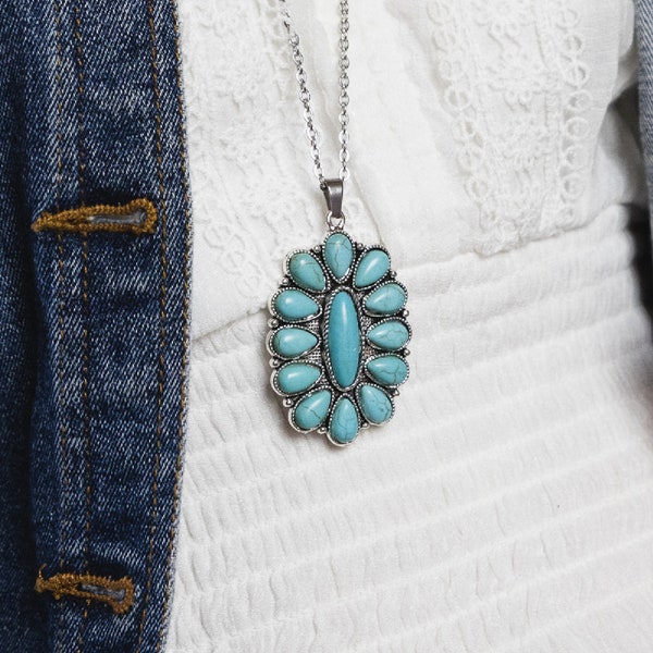 Long Western Boho Turquoise Pendant Necklace-Bohemian Style Punchy Turquoise Stone Necklace-Western Jewelry-Cowgirl Gifts-Rodeo Jewelry