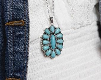 Long Western Boho Turquoise Pendant Necklace-Bohemian Style Punchy Turquoise Stone Necklace-Western Jewelry-Cowgirl Gifts-Rodeo Jewelry