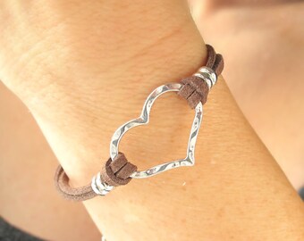 Hammered Silver Alloy Heart Link Bracelet-Vegan Leather Cord-Cowgirl Jewelry