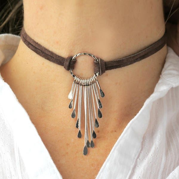 Fringe Necklace-Brown Leather Chokers For Women-Boho Jewelry Choker-Fringe Necklace Silver-Leather CHOKER Necklace-Boho Fringe Necklace-