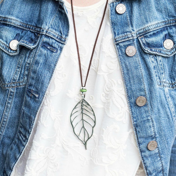 Long Pendant Necklace-Bohemian Style Nature Necklace-Cottage Core Jewelry-Silver Leaf Pendant Costume Jewelry-Nature Lover Gift- Unique Gift