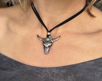 Cow Skull Necklace: Stainless Steel Pendant, Turquoise, Faux Suede Cord