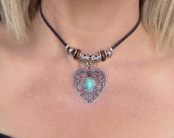 Western Suede Heart Necklace: Silver & Faux Turquoise Pendant, Bohemian Jewelry