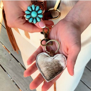 Cowhide Leather Heart Keychain-Valentines Day Gift for Her-Hand Stitched Leather Key Fob-Western Key Fob-Cowgirl Gift-Personalized Key Chain