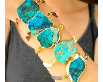Turquoise Stone Bracelet-Chunky Turquoise and Gold Bracelet-Stacking Layering Bracelet-Western Jewelry-Handmade Gemstone Statement Bracelet