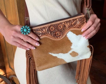 THE CODY-Womens Cowhide Crossbody Bag-Tooled Western Leather Bags-Small Shoulder Bag-Cowgirl Leather Clutch-Hair On Hide Fur Fringe Bag
