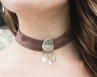 Boho Leather Choker Necklace: Western Concho Collar, Earrings Set